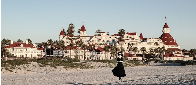 Hotel Del Coronado with woman figure on the beach
