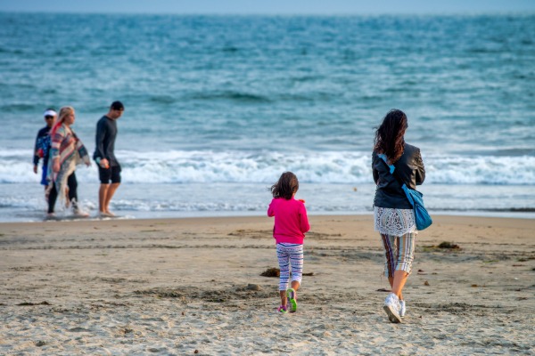 families walking on the beach