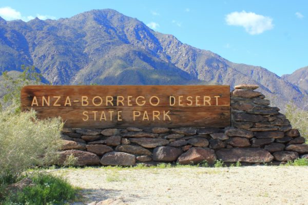 Anza-Borrego Desert State Park sign with mountains in the back